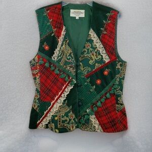 Vintage Susan Bristol Vest Sz P M Green Red Patchwork Christmas Holiday Corduroy